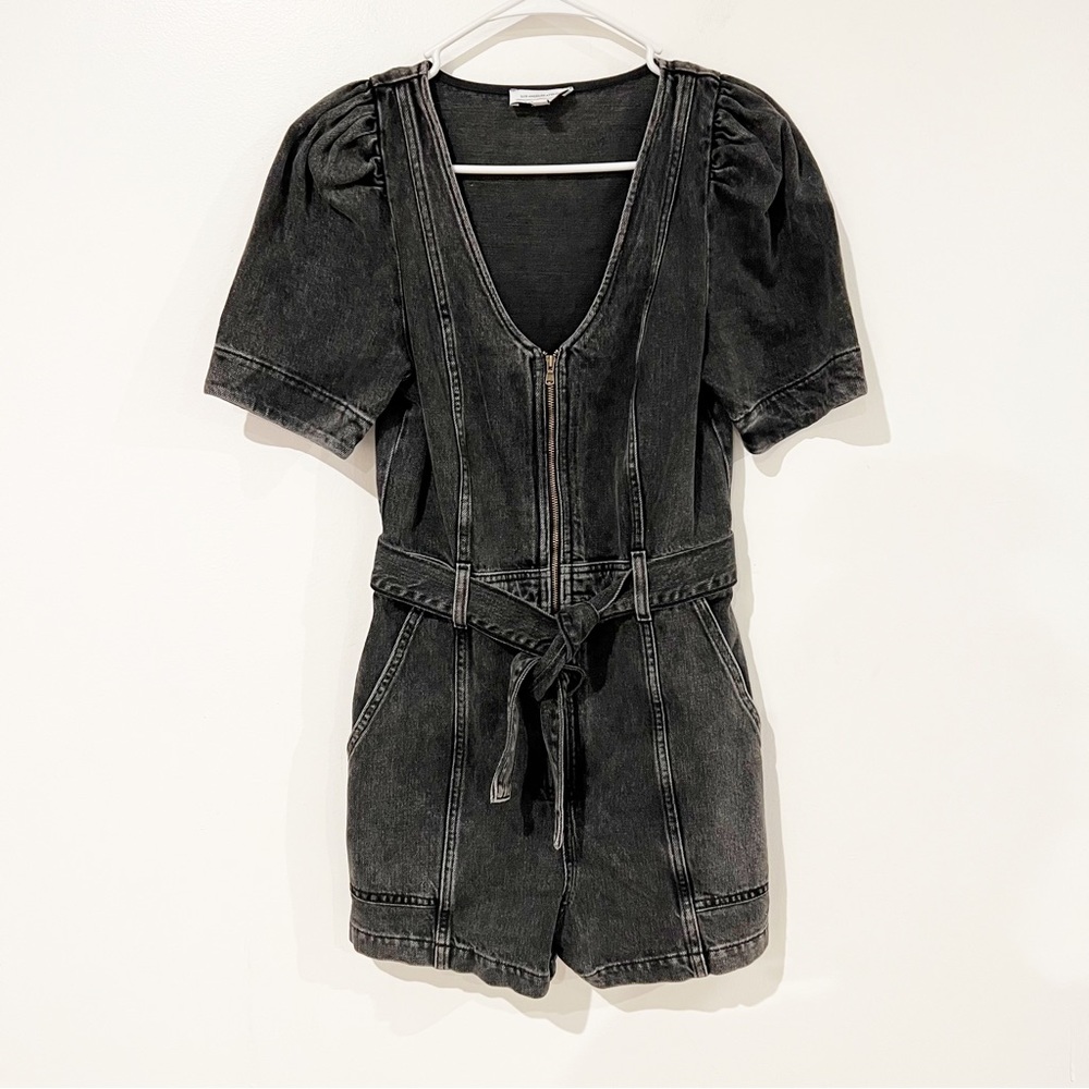 & Other Stories Denim Cotton Acid Wash Puff Sleeve Grey Belted Romper Size 0